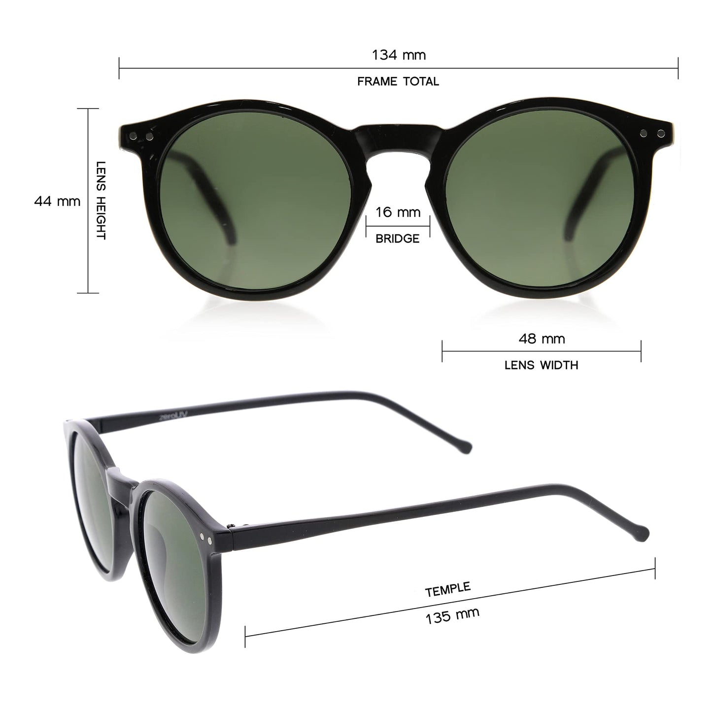 zeroUV - Vintage Retro Horn Rimmed Round Circle Sunglasses with P3 Keyhole Bridge (Black/Green)
