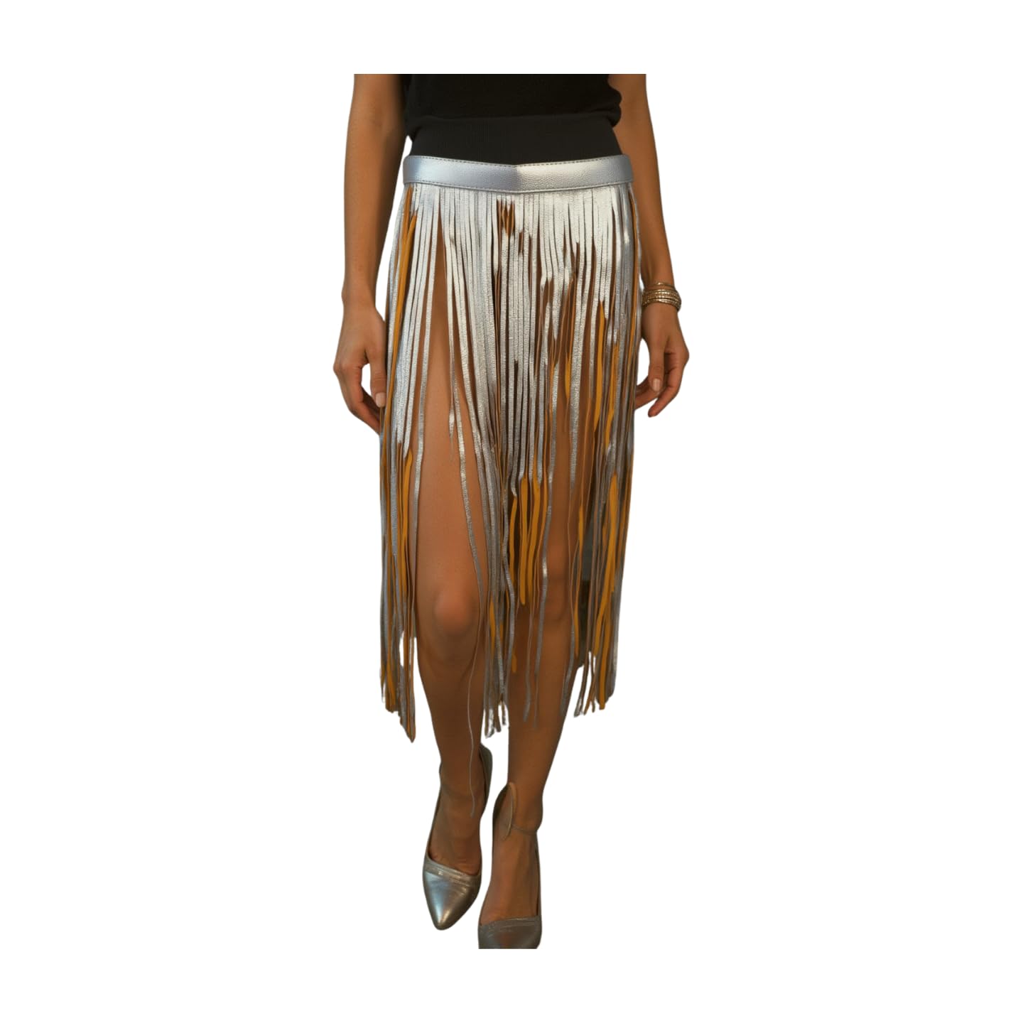 Women Skirt Fashion Belt - Wrap Around Long Faux Leather Waistband Fringes Tassel XS S Beige Silver