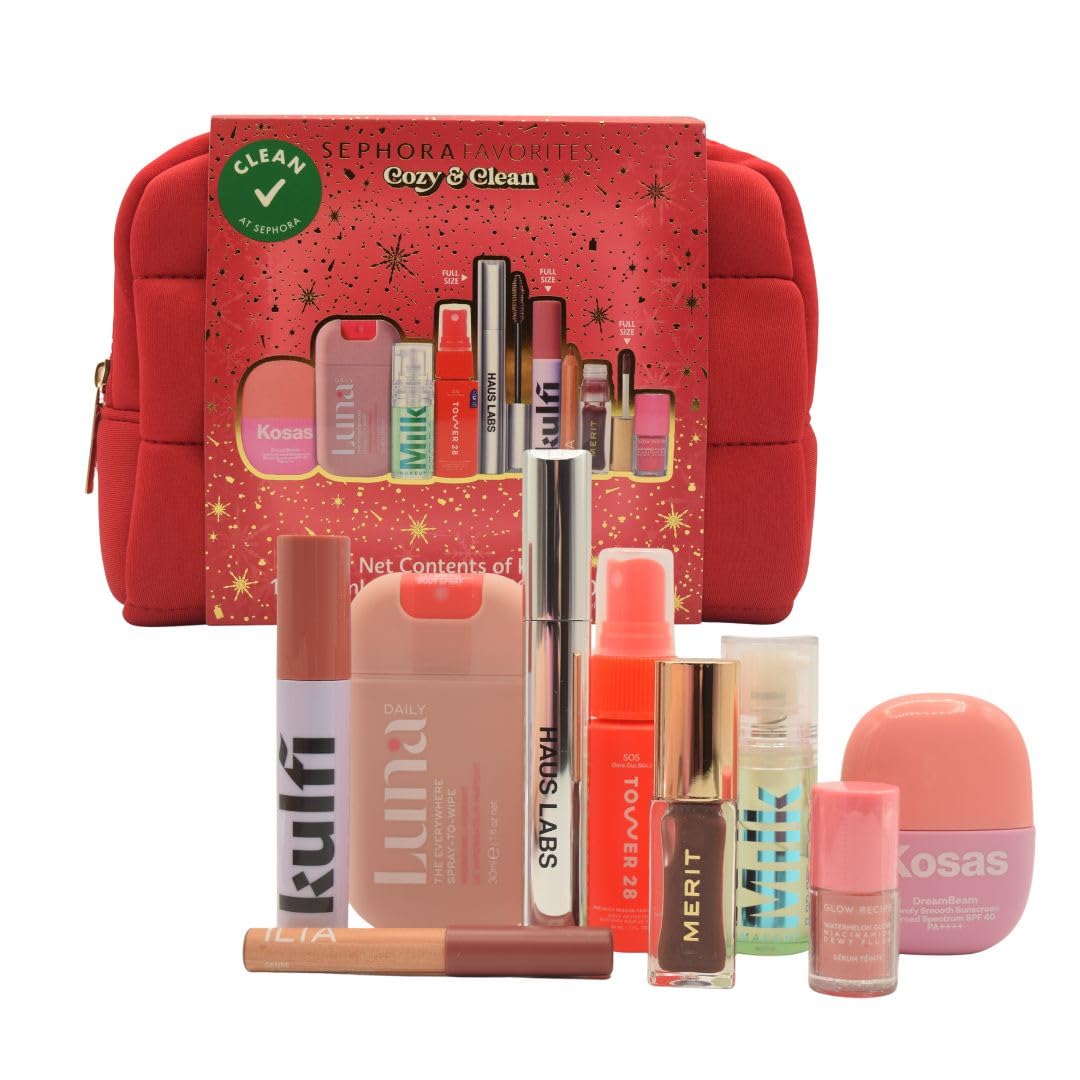 Sephora Cozy & Clean Makeup Holiday Gift Set - 9 Clean Beauty Essentials with Lip, Primer, Mascara & Skincare