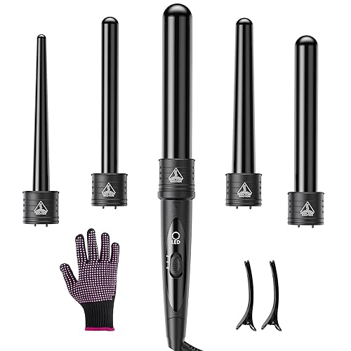 5 In 1 Curling Wand Set, Curling Iron Interchangeable Ceramic Barrels (0.35-1.25 Inch), Heating Hair Curler Kit with Protective Glove & 2 Clips
