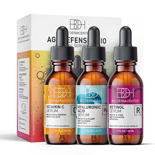 BH Dermcenter Age Defense Trio Anti-Aging Serum Set for Face and Eyes - Vitamin C, Retinol, Hyaluronic Acid Face Serum for Men and Women - 30ml Each