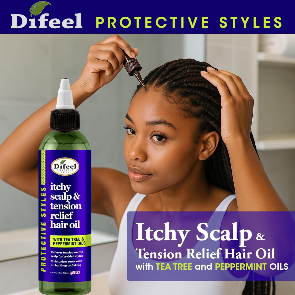 Difeel Itchy Scalp & Tension Relief Hair Oil with Tea Tree & Peppermint Oils for Braided Styles 8 oz.