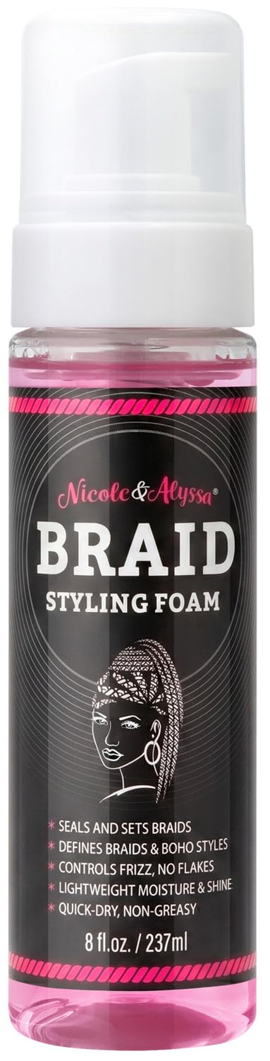 Nicole & Alyssa Braid Styling Foam 8oz - Extra Hold Foam Mousse for Braids, Boho Braids, Crochet Styles, Twists & Locs - High Shine, Flake-Free