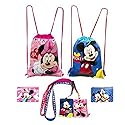 Disney Mickey and Minnie Mouse Drawstring Backpacks Plus Lanyards with Detachable Coin Purse and Autograph Books (Set of 6) (Pink - Dark Blue)