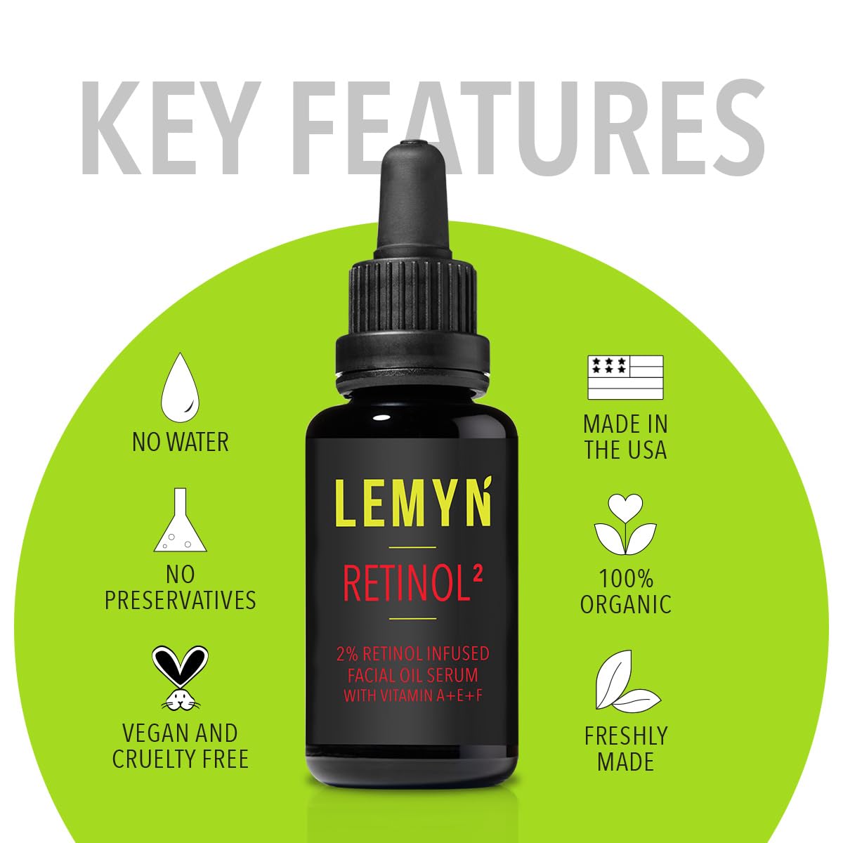 Lemyn Organics Retinol2 Facial Oil Serum with 2% Advanced Gentle Retinol, Vitamin A+E+F - Freshly Made Anti-Aging, Hydrating, and Firming Formula
