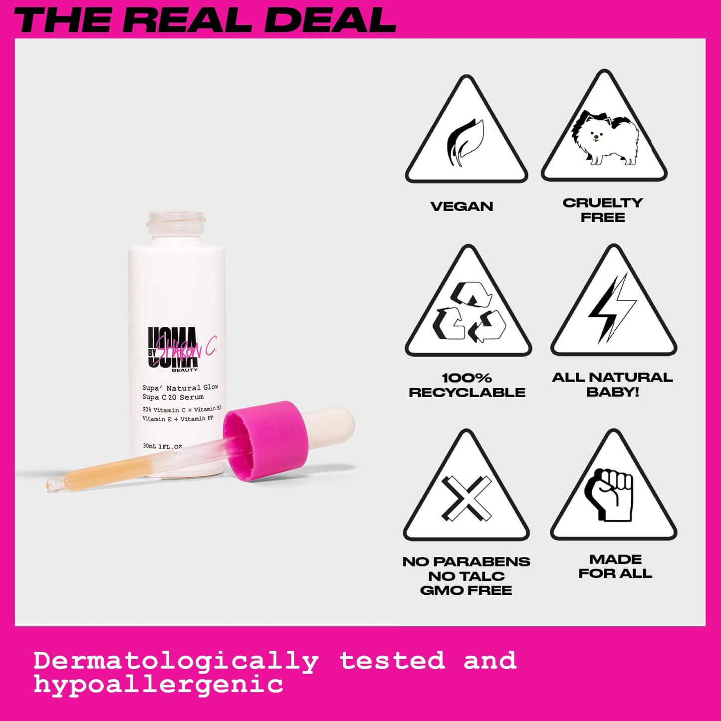 UOMA Vitamin C Serum by Sharon C. Supa Natural Glow (C20) Vitamin C Serum for Face with Hyaluronic Acid + Niacinamide + Vitamin E. Brightening Face