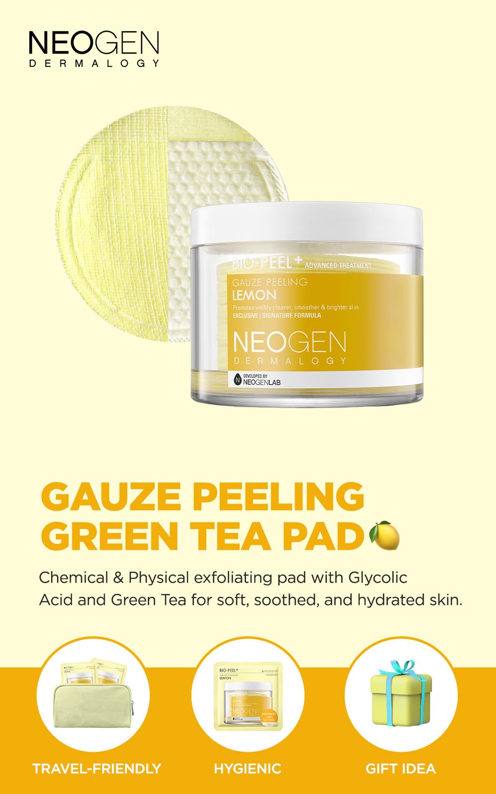 DERMALOGY by NEOGENLAB Bio-Peel Gauze Peeling Pads (Lemon, 30 pads) - Exfoliating & Brightening Peeling Pad with PHA & Lemon & Lemongrass - Korean