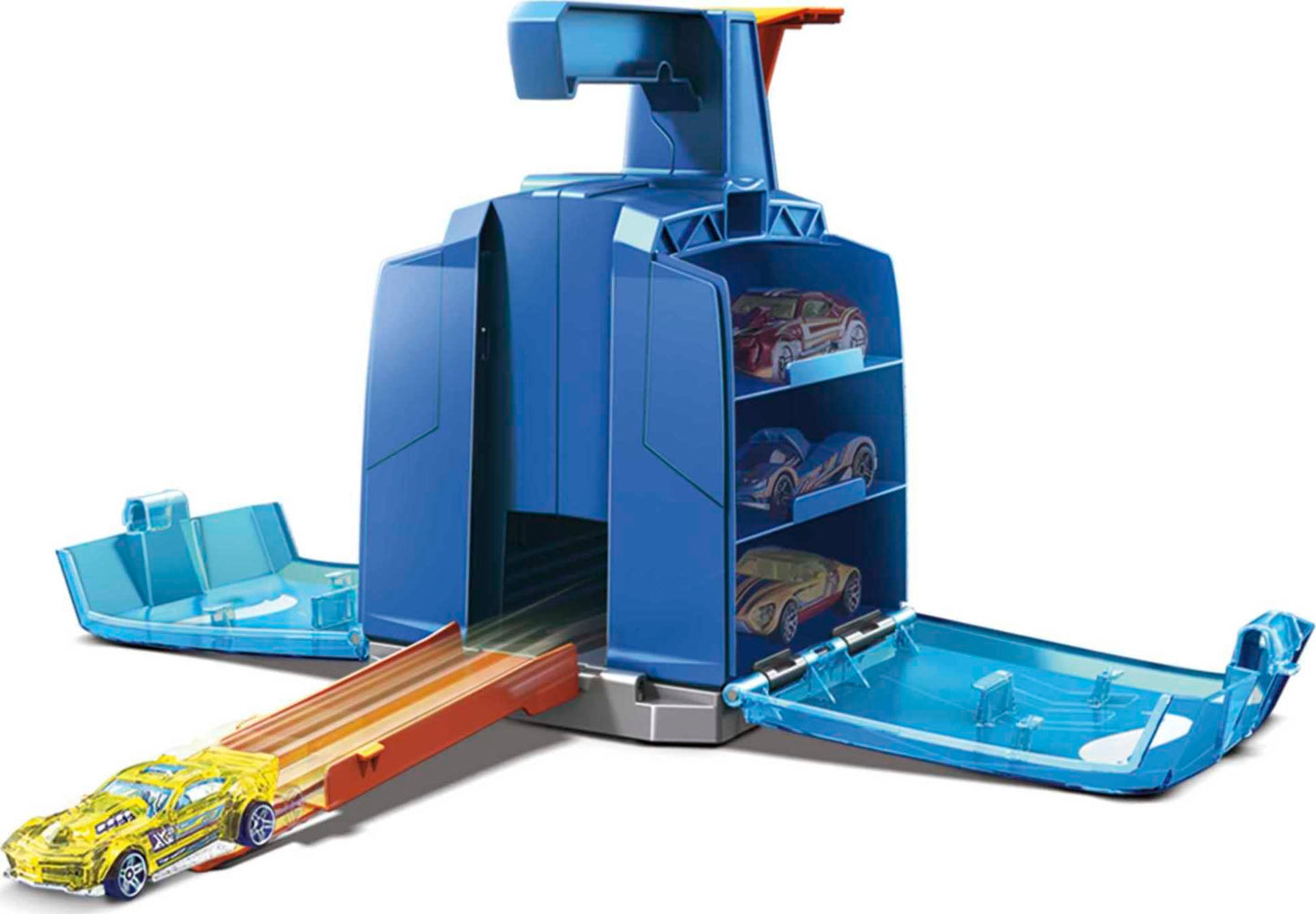 Hot Wheels Toy Car Track Set, Display Launcher & 2 1:64 Scale Vehicles, Visible Storage for 6 Cars Toy Cars, Connects to Track