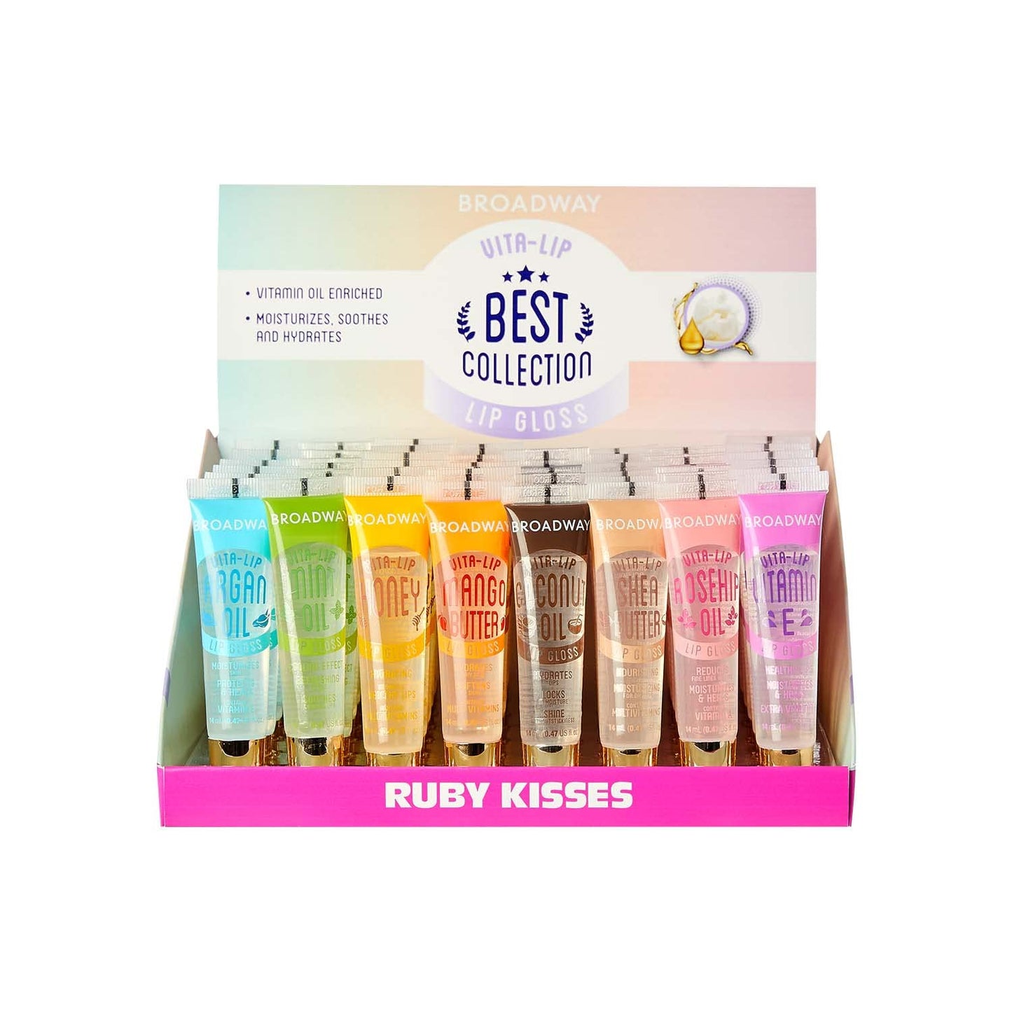 Ruby Kisses Broadway Vita-Lip Clear Lip Gloss (48 Pack), Ultra-Hydrating & Soothing Formula with Vitamins, High-Shine Non-Sticky Finish Lip Balm