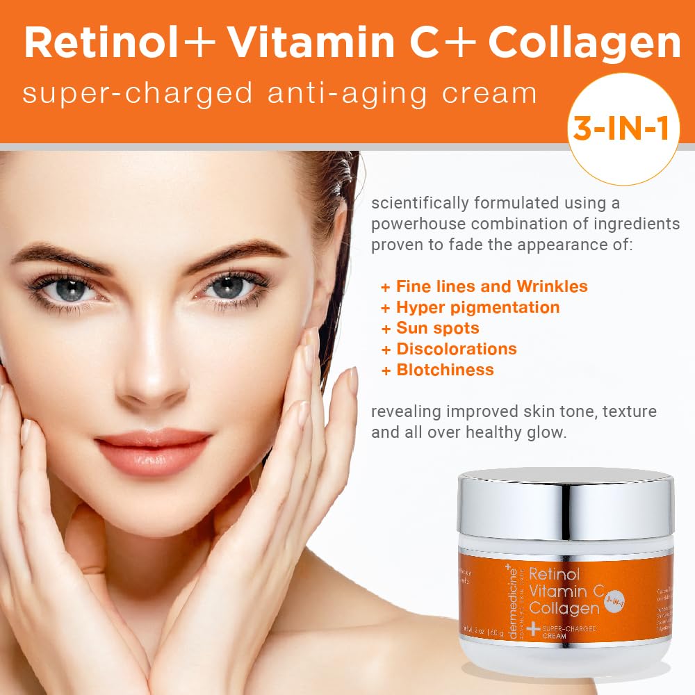 Vitamin C + Retinol + Collagen | Super Charged Anti-Aging Cream for Face | Pharmaceutical Grade Quality | Helps Smooth & Plump Fine Lines & Wrinkles
