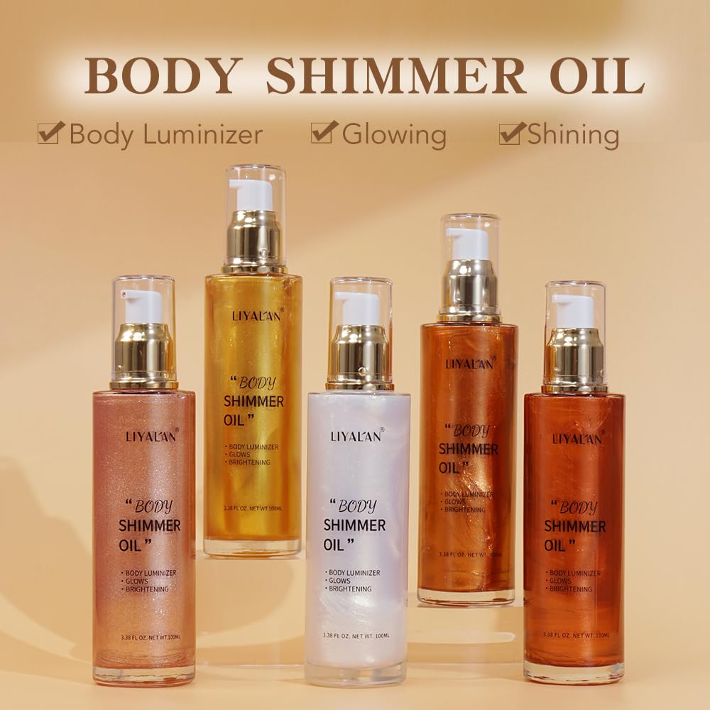 Liyalan Shimmer Body Oil Bronze Gold 5 Color Bronze 3.38 Fl Oz Face Glow Pearl Highlighter Illuminator body Makeup Shine Glitter Gold Liquid Taning Beauty and Personal Care LIYALAN