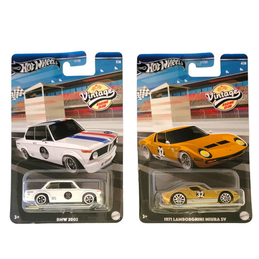 Hot Wheels 2024 Vintage Racing Club - Bundle of 2 (HRT81‑956A) | BMW 2002 & Lamborghini Miura SV | 1:64 Die‑Cast Collector Cars - Ages 3+