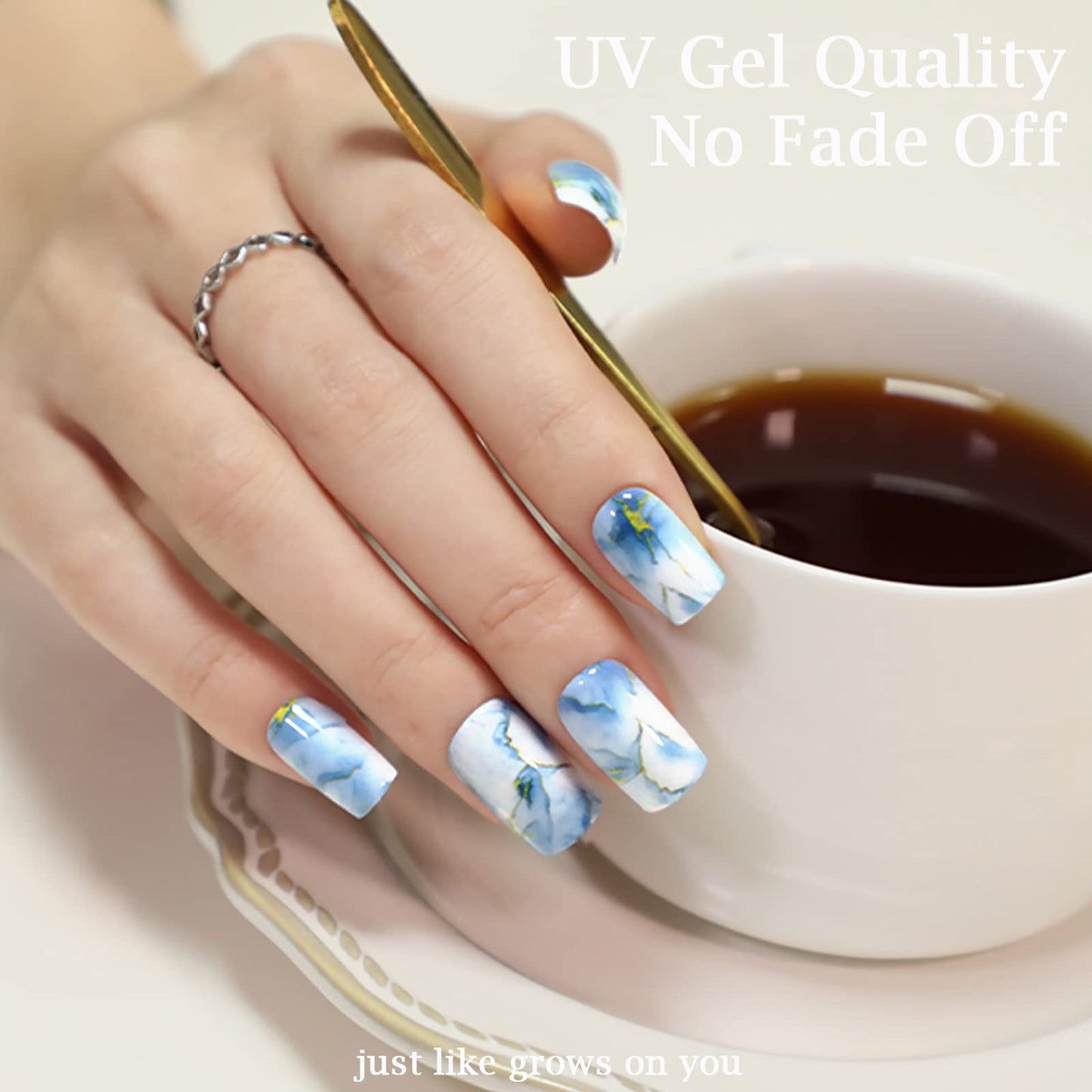 Marble Press on Nails Short Square GLAMERMAID, Blue Gold Acrylic Fake Nails with Design Luxury Stick Glue on Nails Reusable Glossy False Nail Sets