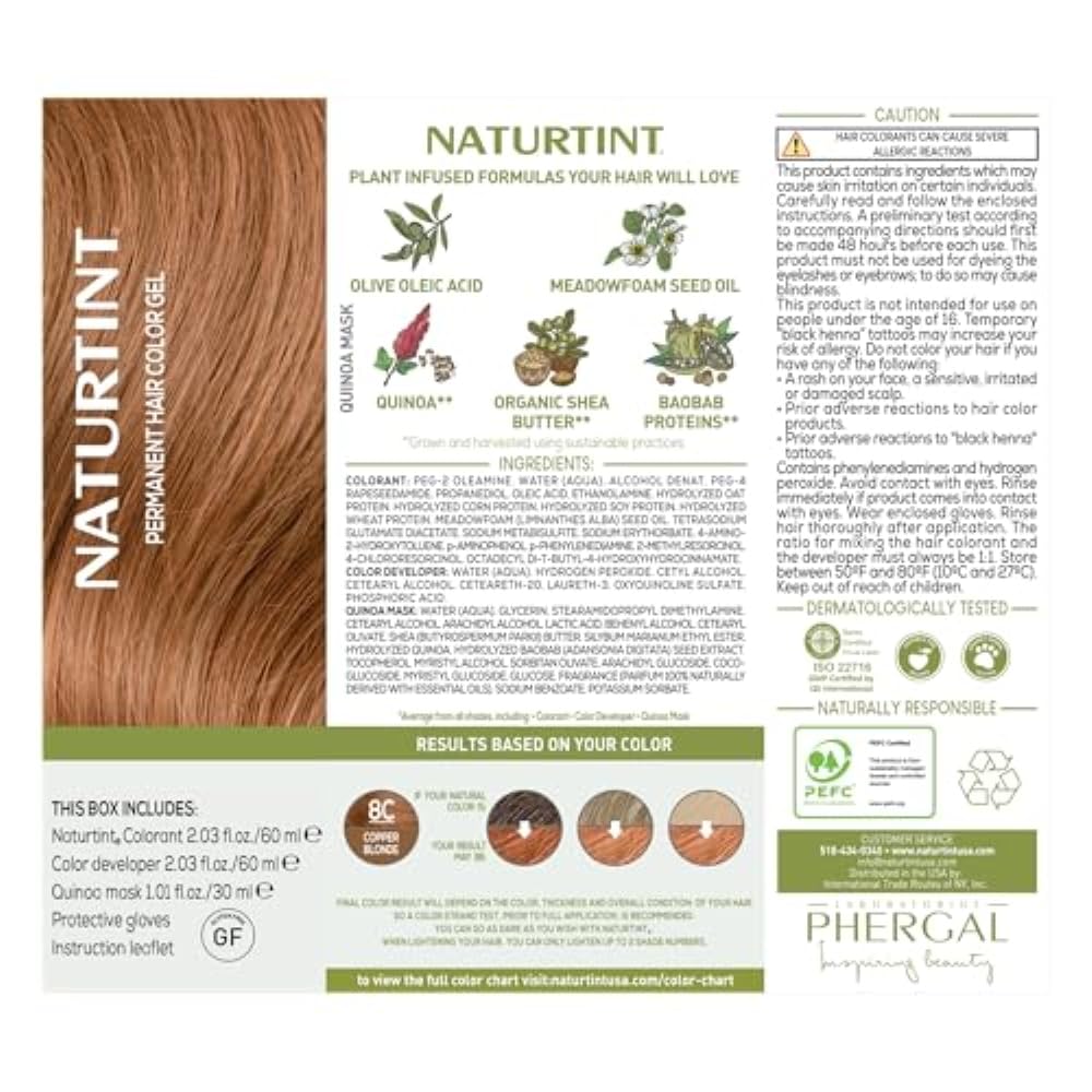 Naturtint 8C Copper Blonde Permanent Hair Color (Pack of 1), Ammonia Free, Vegan, Cruelty Free, up to 100% Gray Coverage, Long Lasting Results