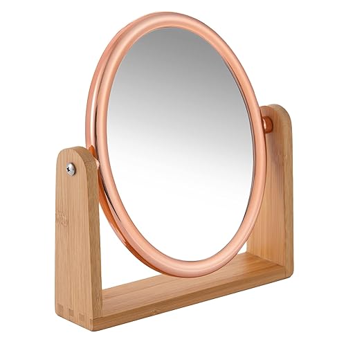 YEAKE Double Sided 10X Magnifying Makeup Mirror with Bamboo Stand,Small Desk Table Mirror with 360° Rotation,Standing Portable Cosmetic Mirror,Good