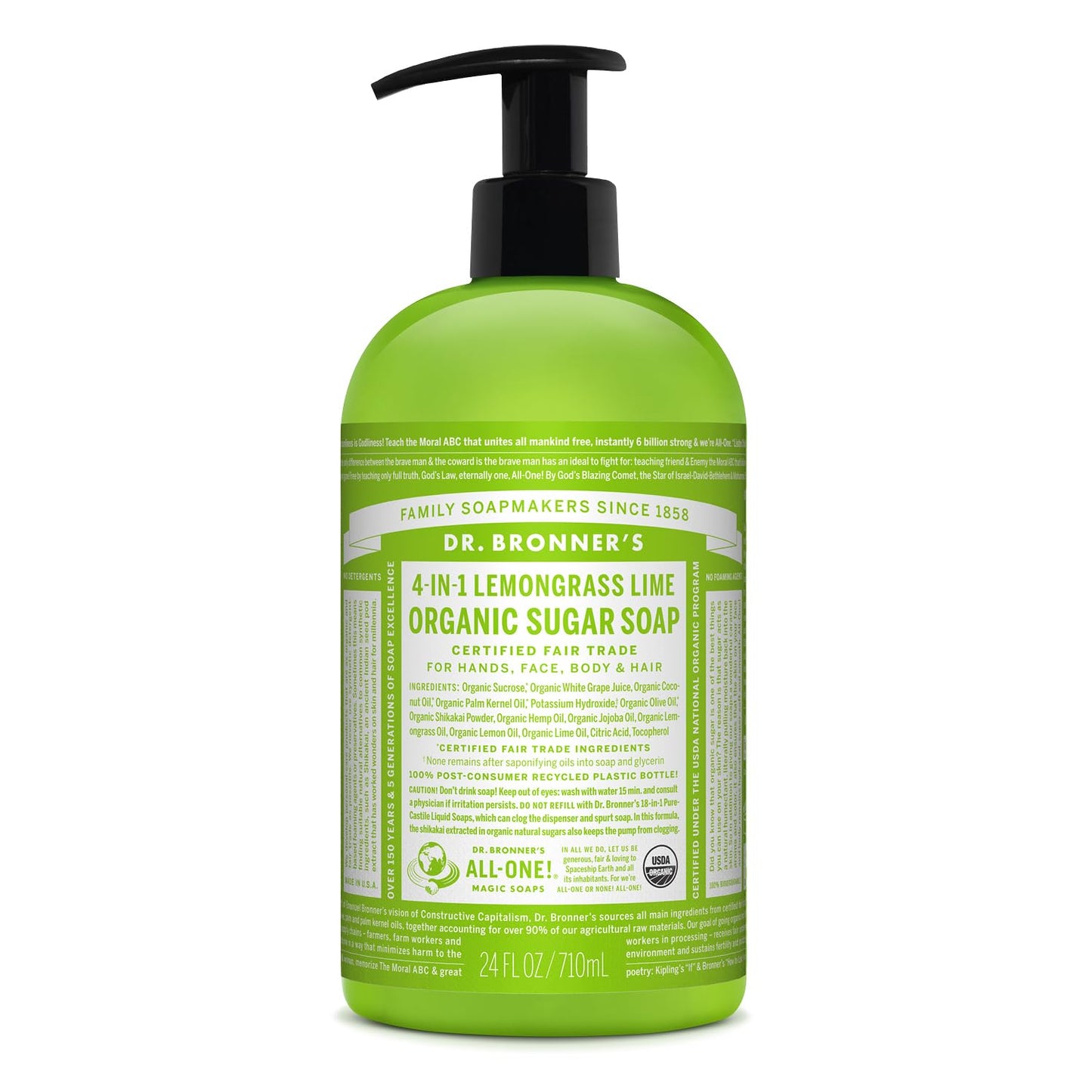 Dr. Bronner's - Organic Sugar Soap (Lemongrass, 24 Ounce) - Made with Organic Oils, Sugar and Shikakai Powder, 4-in-1 Uses: Hands, Body, Face
