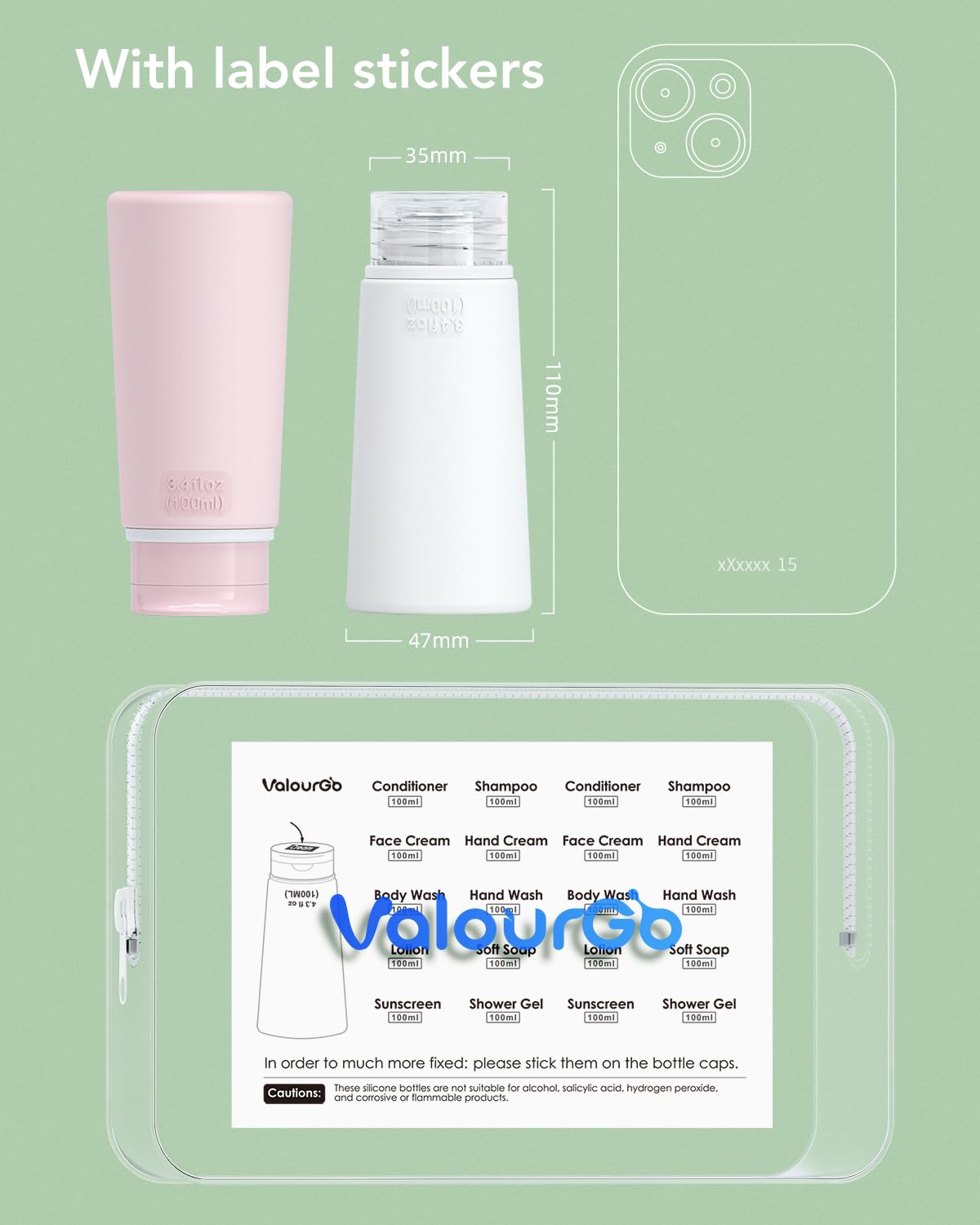 Valourgo Travel Bottles for Toiletries Tsa Approved Travel Size Containers BPA Free Leak Proof Travel Tubes Refillable Liquid Travel Accessories