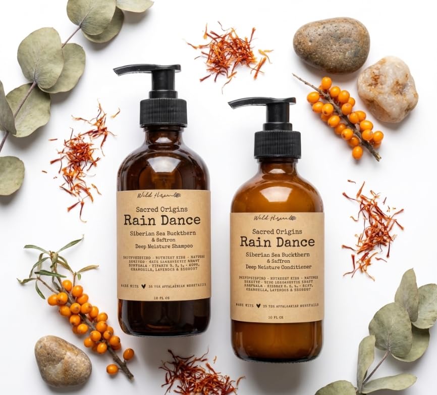 Wild Hermit Wellness' Rain Dance Organic Shampoo and Conditioner Set with Sea Buckthorn & Saffron, Deep Moisture, Sulfate Free, 10 oz, 2 Count
