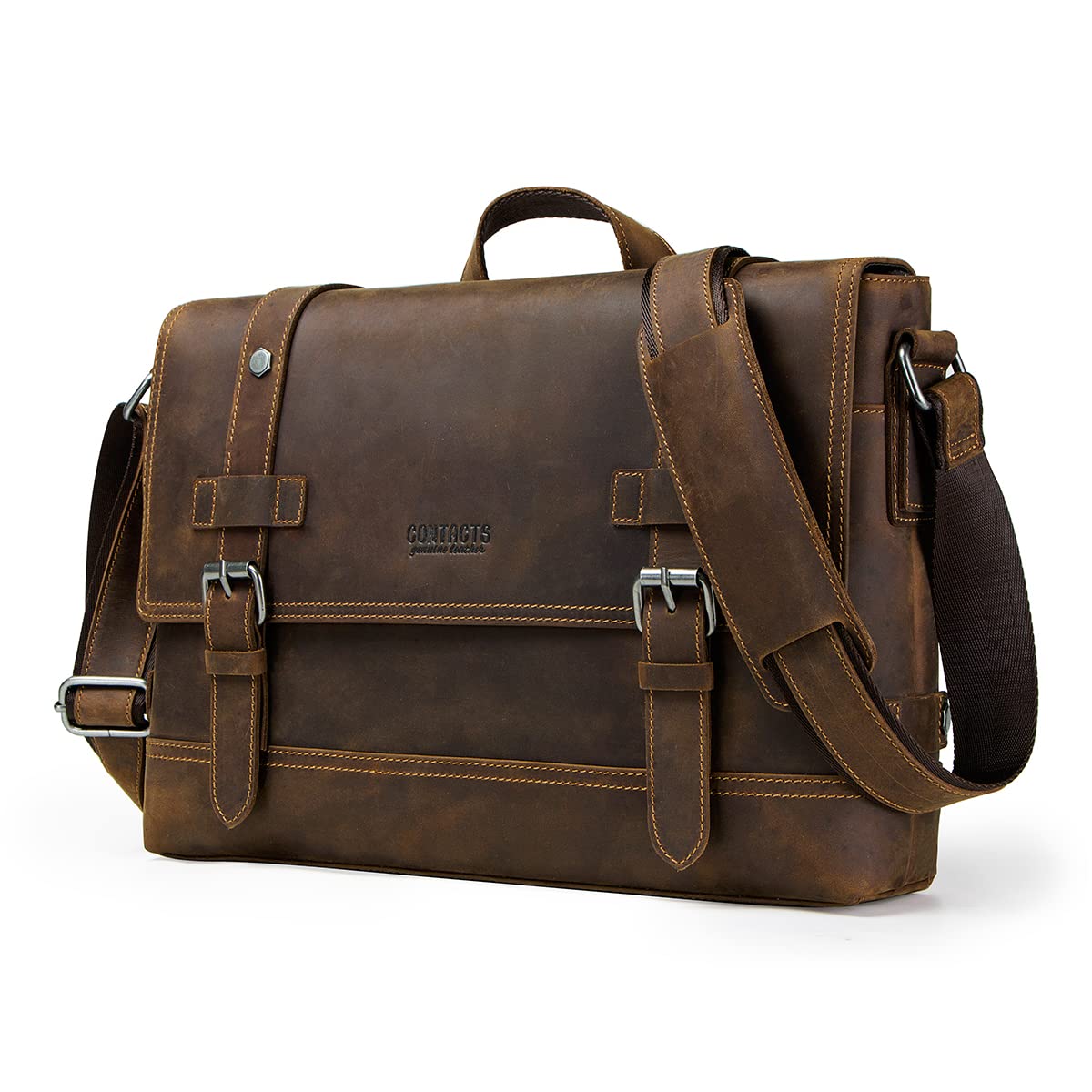 Contacts Crazy Horse Leather Messenger Bag for Men 12 Inch Laptop Briefcase Computer Shoulder Bag Travel Business (Brown)