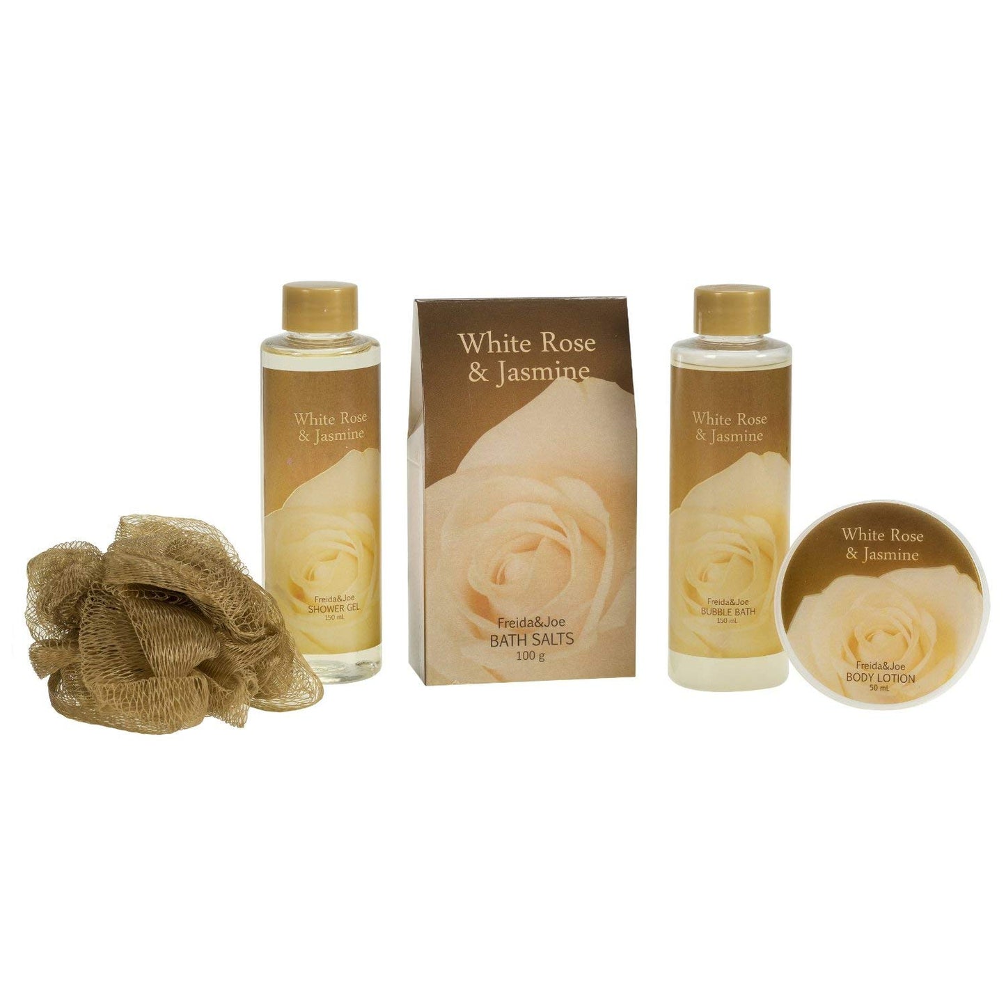 White Rose Jasmine Spa Set For Women in Elegant Gold Tub Includes Shower Gel, Bubble Bath, Body Lotion, Jasmine Bath Salt, Pouf, Award Winning Bath
