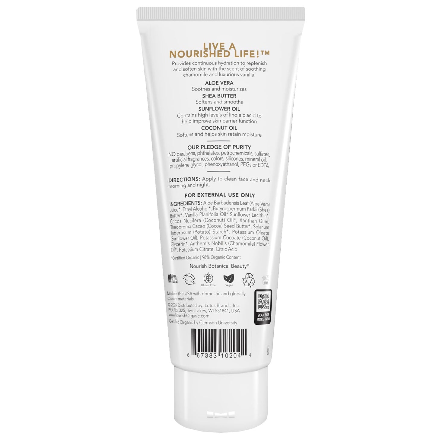 Nourish Organic Body Lotion, Almond Vanilla - Hydrating Body Lotion for Dry Skin with Aloe Vera & Shea Butter (8 Oz) + Washable Cotton Round