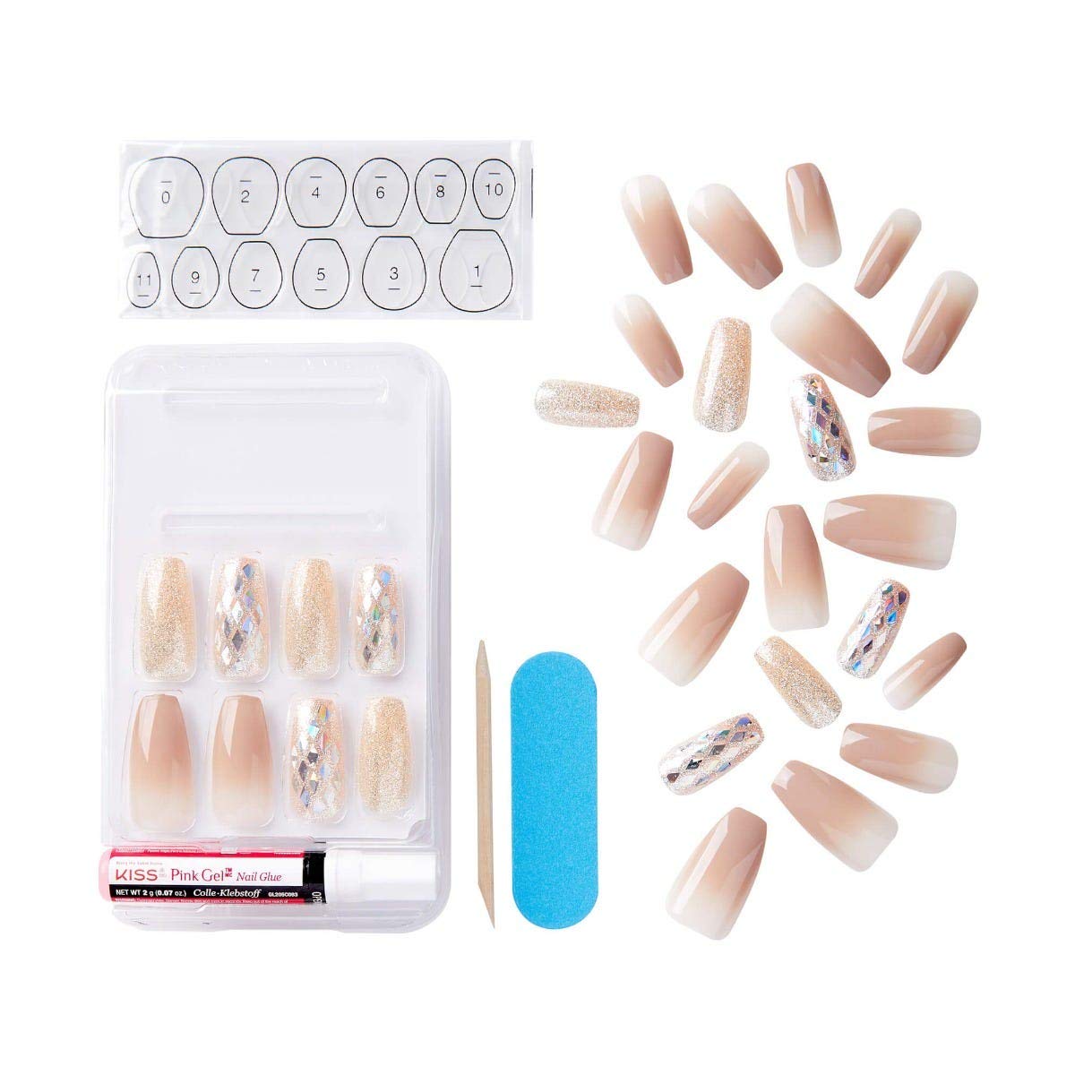 KISS Gel Fantasy Ready-to-Wear Press-On/Glue-On Nails Kit, Long Length, Style “Hard To Forget”, with 24 Mega Adhesive Tabs, Pink Gel Glue, Manicure