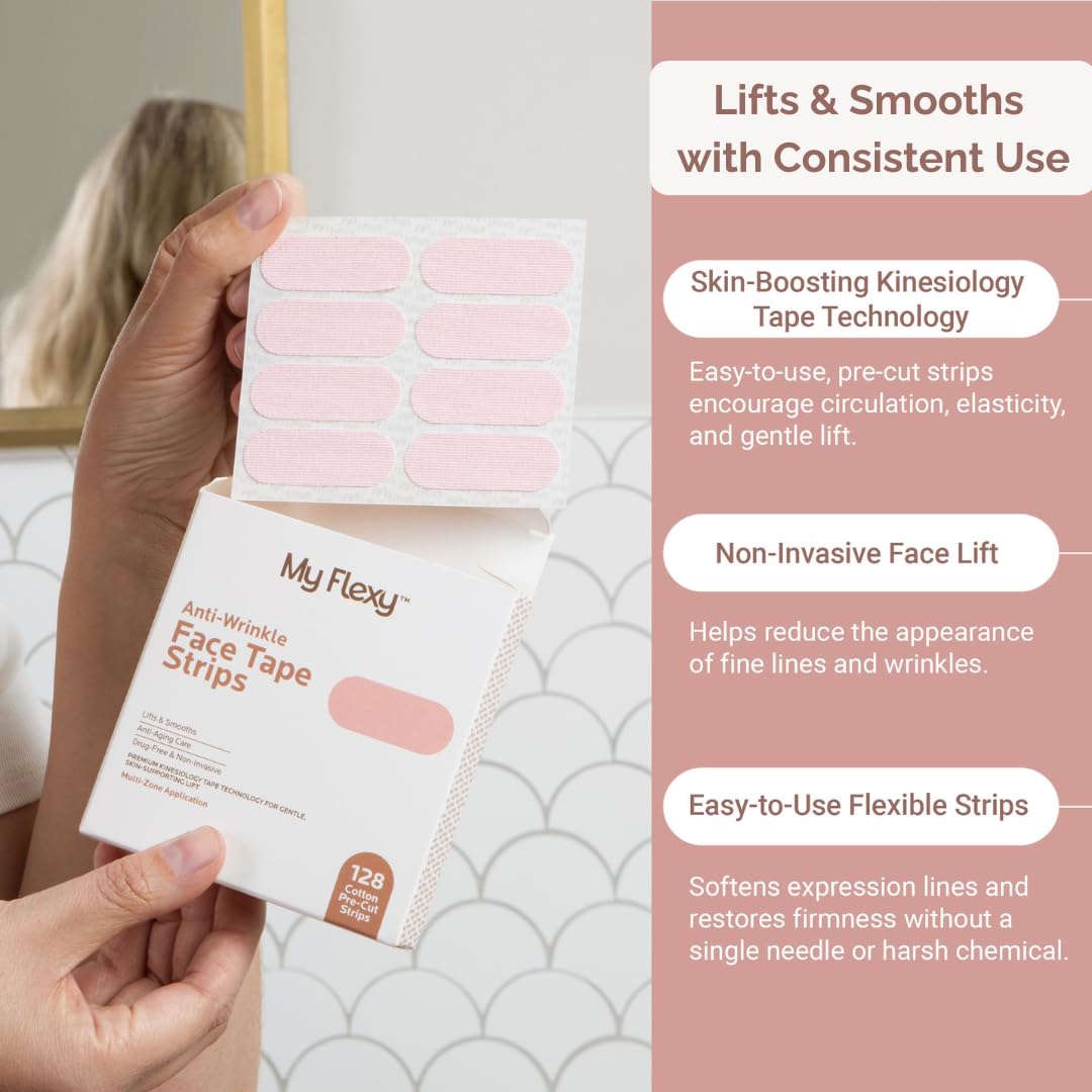 Face Tape Strips - 128 Pre-Cut Cotton Face Lifting Tape, Overnight Anti Wrinkle Patches, Smile Line Patches, Frown Line Patches, Jawline Smoothing