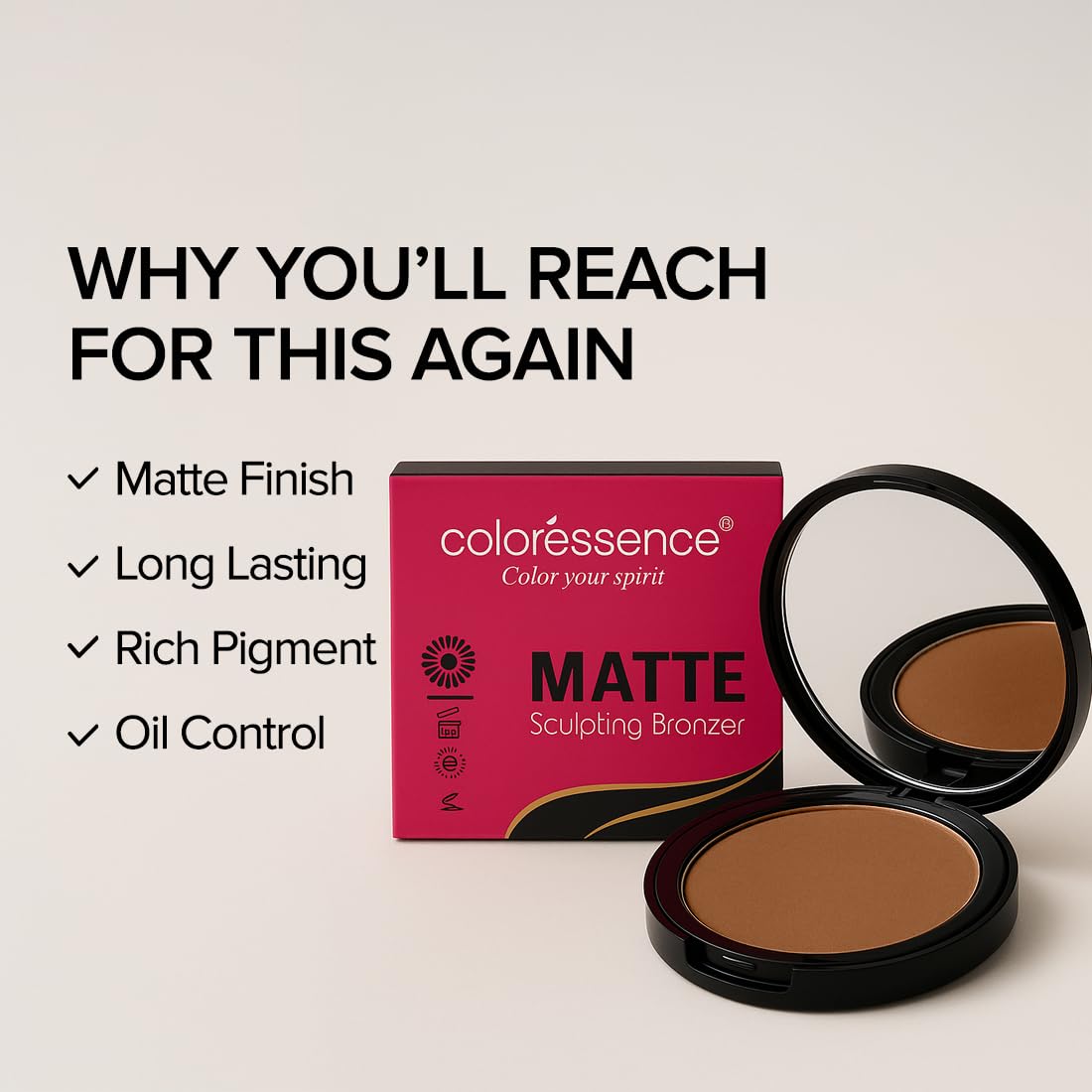 Coloressence Matte Bronzer Contour Powder, Brown, 10gm | Long Lasting | Matte Finish | Oil Control | Rich Pigment | For All Indian Skin Tones