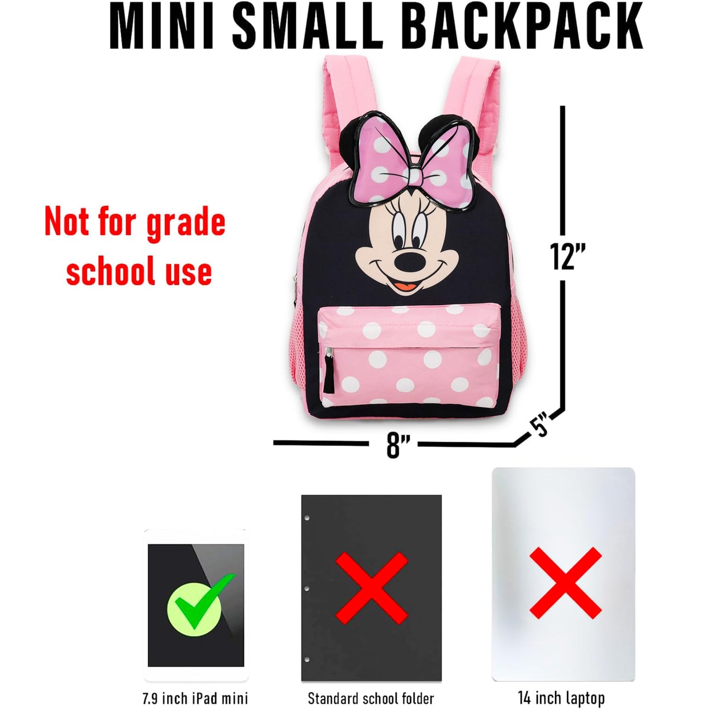 Disney Minnie Mouse Mini Backpack for Toddlers ~ Deluxe 12" Minnie Face Bag with 3D Ears and Bow (Minnie Mouse School Supplies Bundle)
