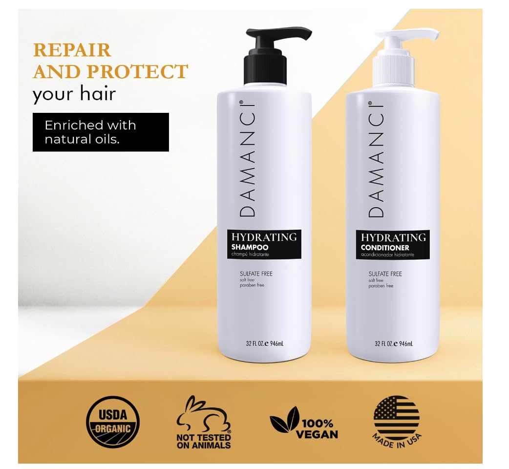 Damanci Hydrating Shampoo and Conditioner Duo, Sulfate Free Shampoo and Conditioner for Dry Hair, with Keratin and Collagen, Paraben and Salt Free