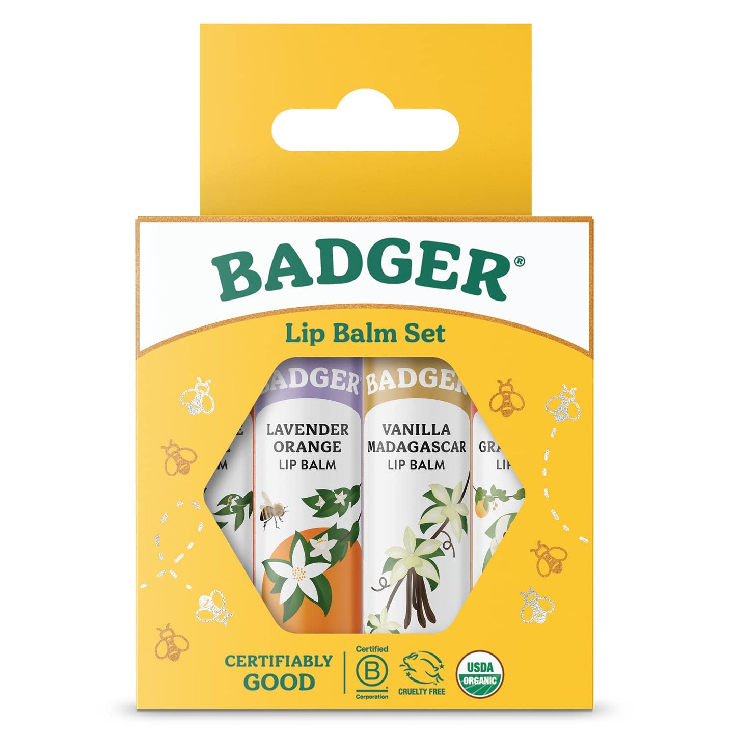 Badger Classic Organic Lip Balm Set - Yellow Box, Light Silky Long Lasting Lip Moisturizer Gift Set, All Natural Lip Balm Variety Pack Lip Set