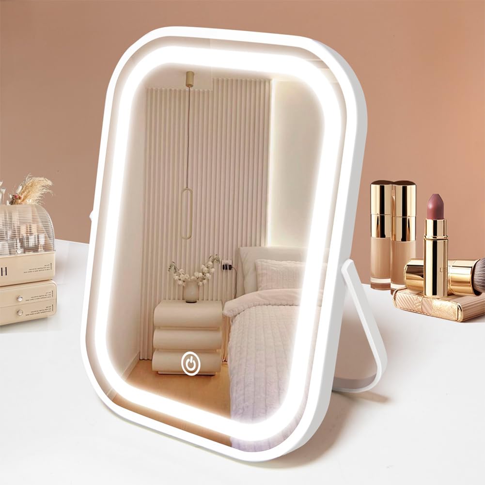 YEKKOPT Travel Makeup Mirror with Lights, Portable Small Beauty LED Vanity Mirror with Lights, 1200mAh Battery, Dimmable Touch Screen, Tabletop Beauty and Personal Care YEKKOPT