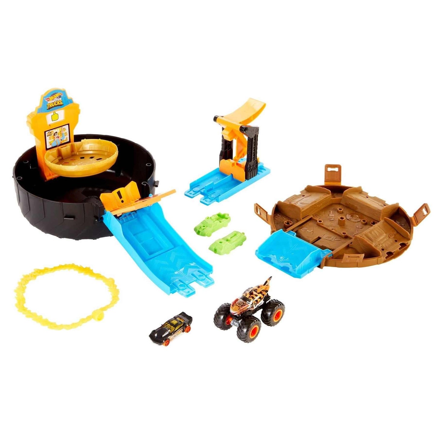 Hot Wheels Monster Trucks Stunt Tire Play Set Opens to Reveal Arena with Launcher, 1 1:64 Scale Car & 1 Monster Truck, Portable Toy Gift Set for Ages…