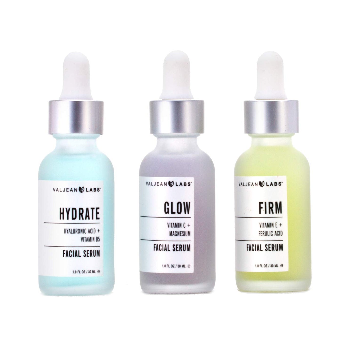 Valjean Labs Facial Serum, Combo Pack of Hydrate, Glow, and Firm | Supercharged, Targeted Skincare Ingredients | Paraben Free, Cruelty Free, Made