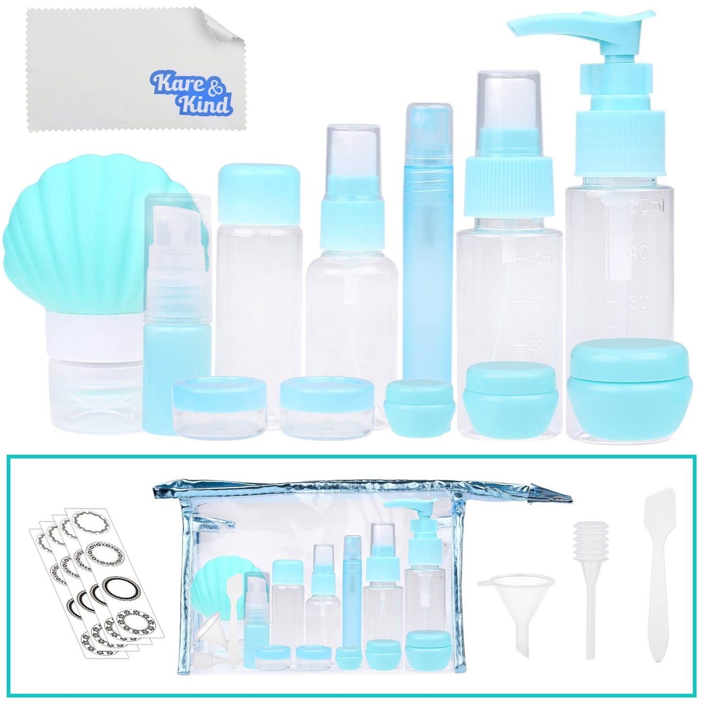 Travel Bottle Set - Refillable - TSA/Airline Approved - 12 Bottles and Jars - 3 Tools (Pipette, Funnel and Mini Spatula) - For Downsized Portions