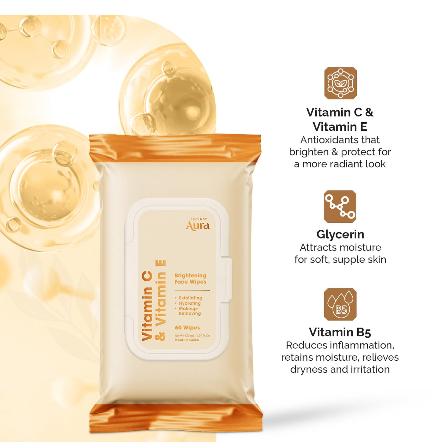 Radiant Aura Vitamin C & Vitamin E Face Wipes - Dermatologist Tested, Anti-Aging, Korean Skin Care - Removes Makeup, Hydrates, Softens The Look