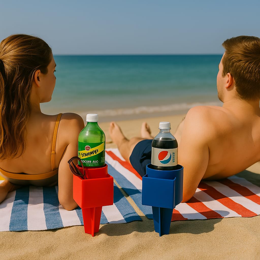 2-Pack Beach Drink and Phone Holder with Pocket - Sand Spike Cup Organizer for Sunglasses, Keys, and More - Ideal for Beach, Garden, and Outdoor…