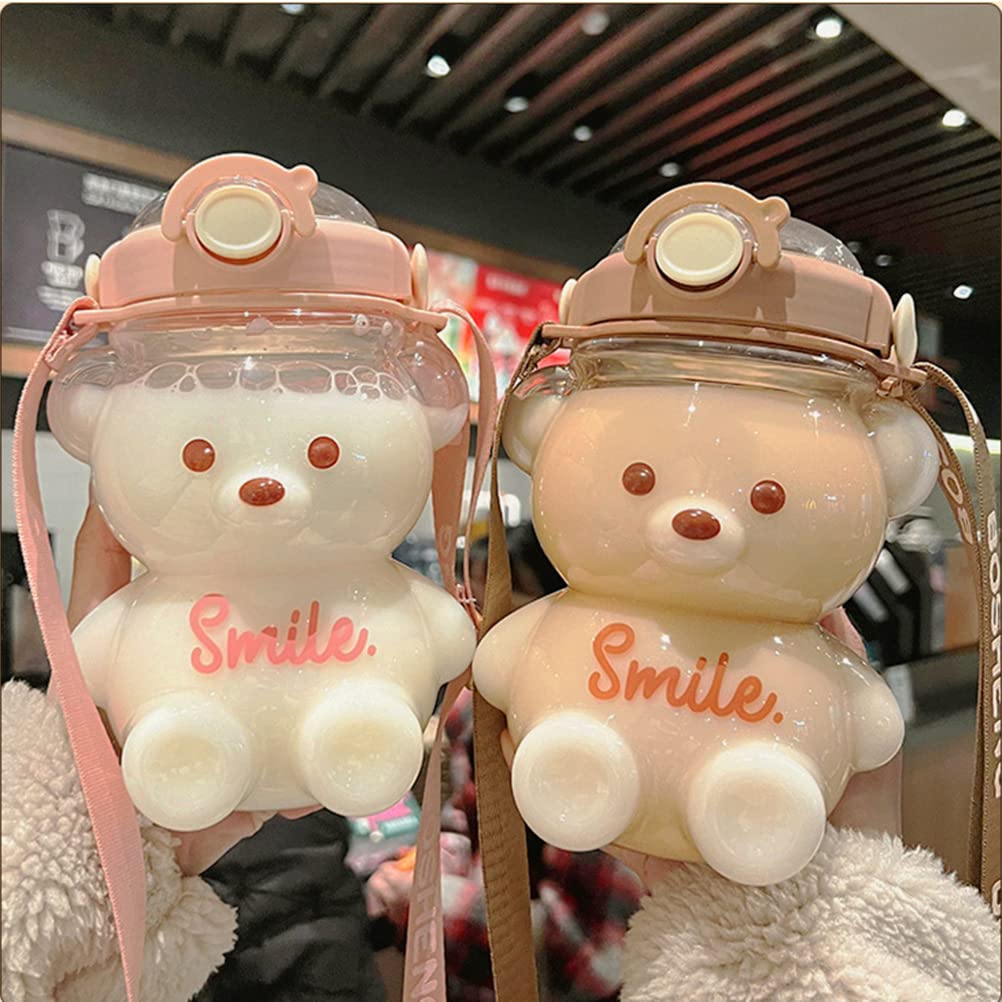Kawaii Bear Straw Bottle, Large Kawaii Bear Shaped Water Bottle with Straw and Carrying Loop Adjustable Shoulder Strap, Cute Portable Water Bottles
