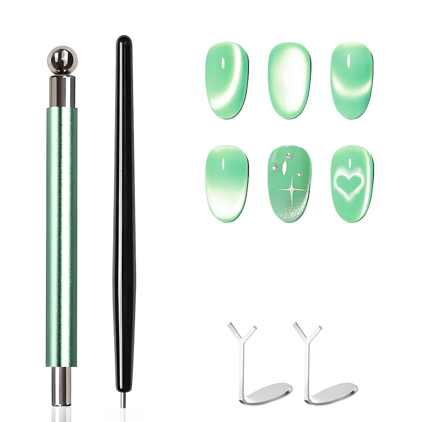uadbau 4-Piece Cat Eye Magnet Set - Green Dual-Ended Nail Magnet With Round Bead, Heart Nail Magnets for Nail Art, and Black Magnetic Bead-Pickup Pen Beauty and Personal Care uadbau Default Title