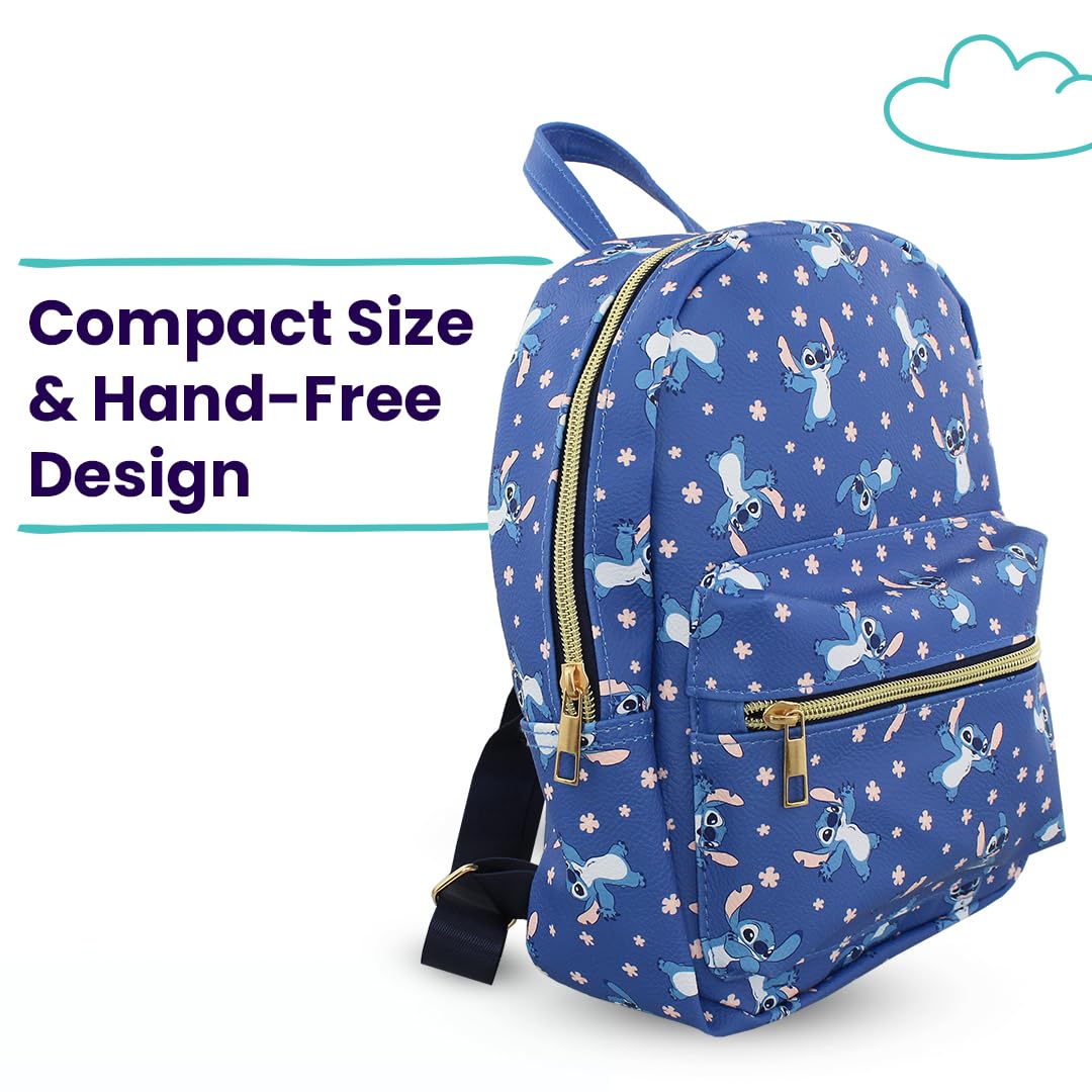 Disney Stitch with Flowers Mini PU Leather Backpack Purse with Adjustable Straps 10 In