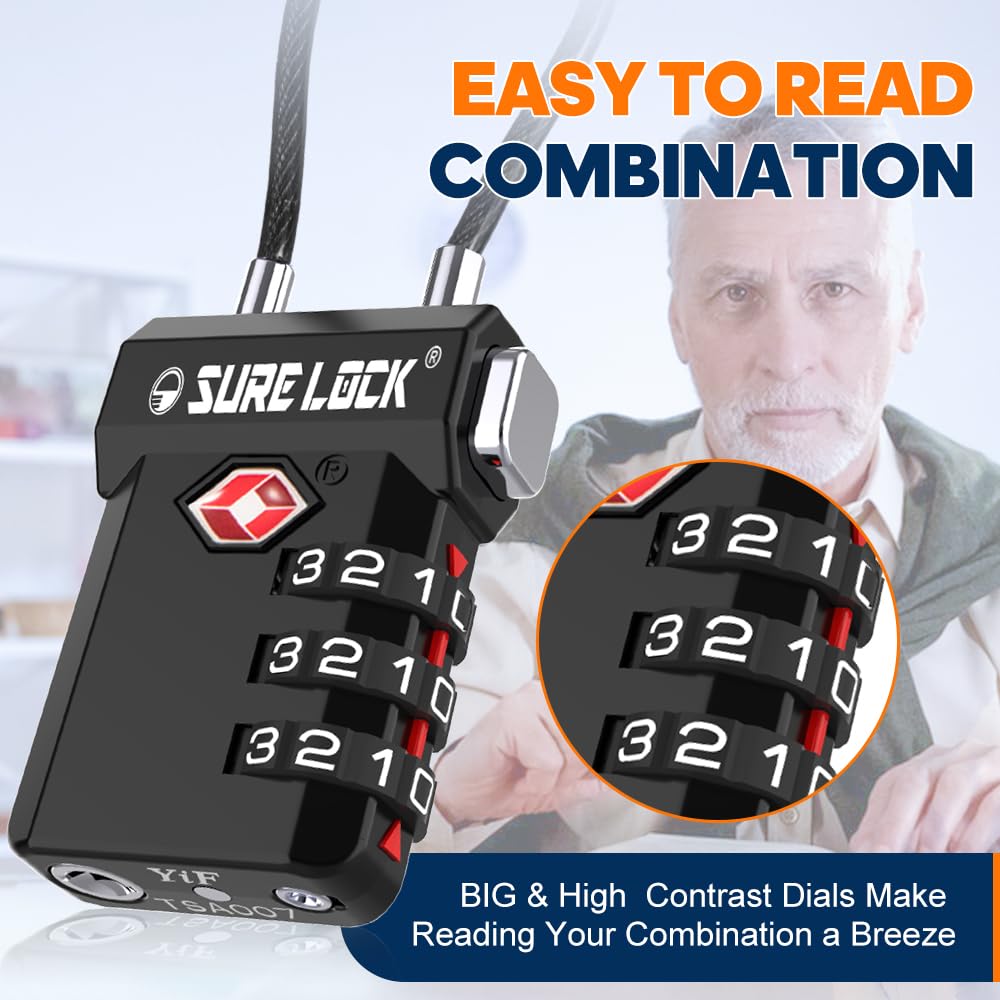 SURE LOCK TSA Approved Luggage Lock – 3-Digit Combination with Open Alert, Extra Long Cable, Easy-Read Dials for Suitcase & Travel