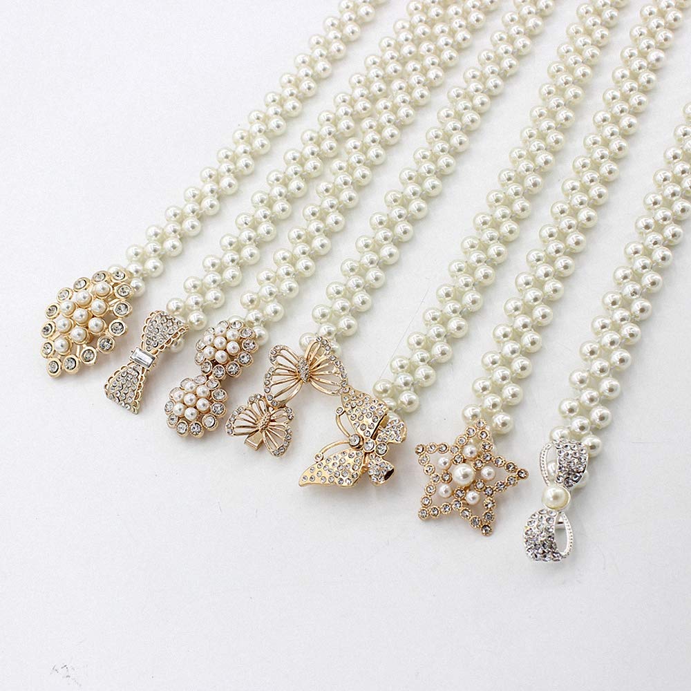 Ulalaza Women Stretch Imitation Pearl Belt,Rhinestones Interlocking Buckle Dress Elastic Waist Belts for Party Dress and Wedding Dresses Sash