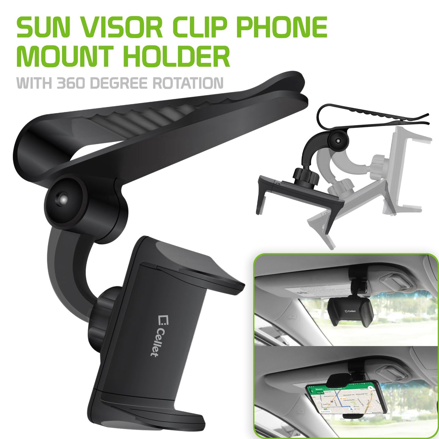 Sun Visor Phone Mount, Car Phone Holder for Car, Cradle Clip Compatible to Apple iPhones, Samsung Galaxy, Motorola Moto, Google Pixel Smartphones