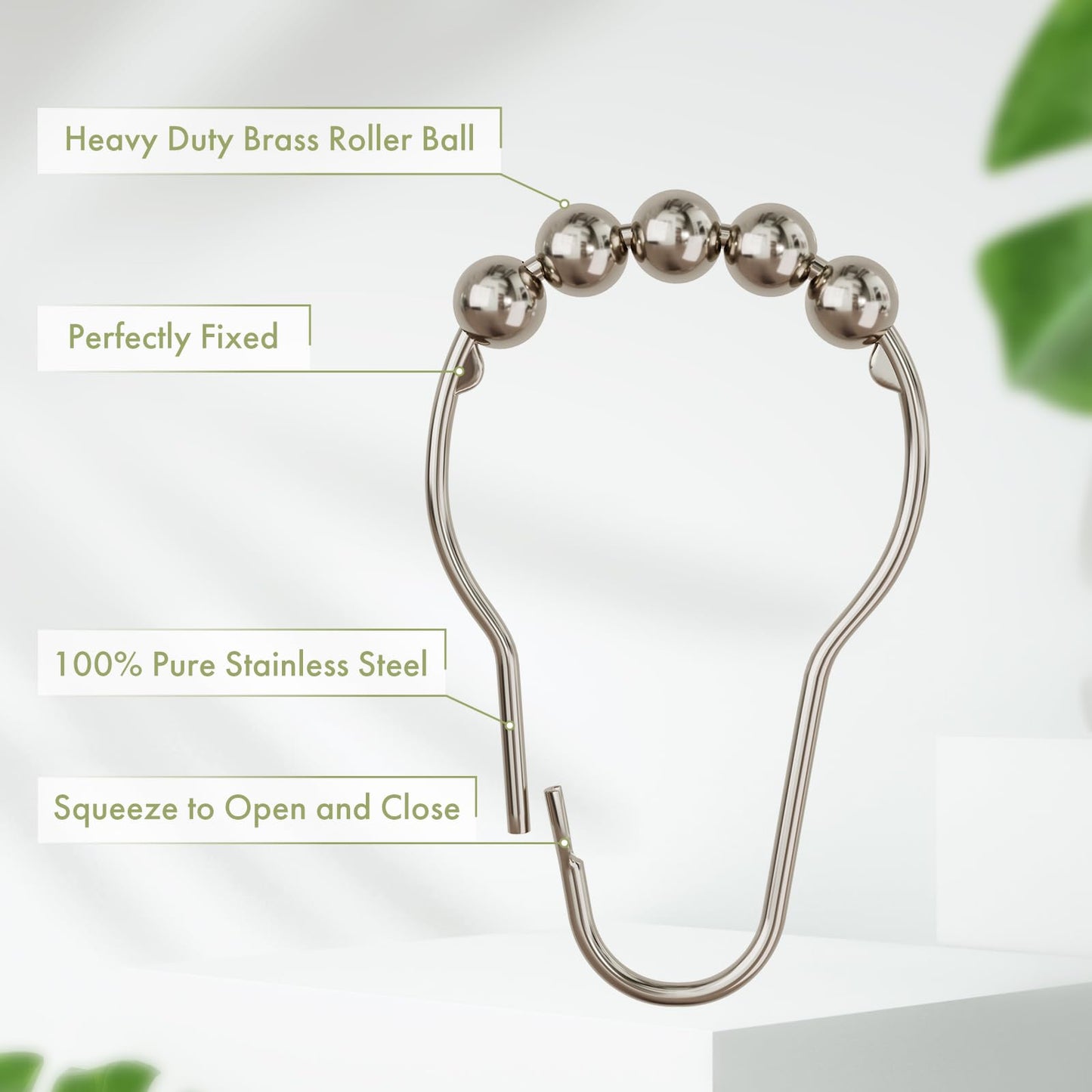 Amazer Shower Curtain Hooks, Decorative Rust Proof Stainless Steel Shower Curtain Hooks for Bathroom Shower Rods Set of 12, Polished Nickel