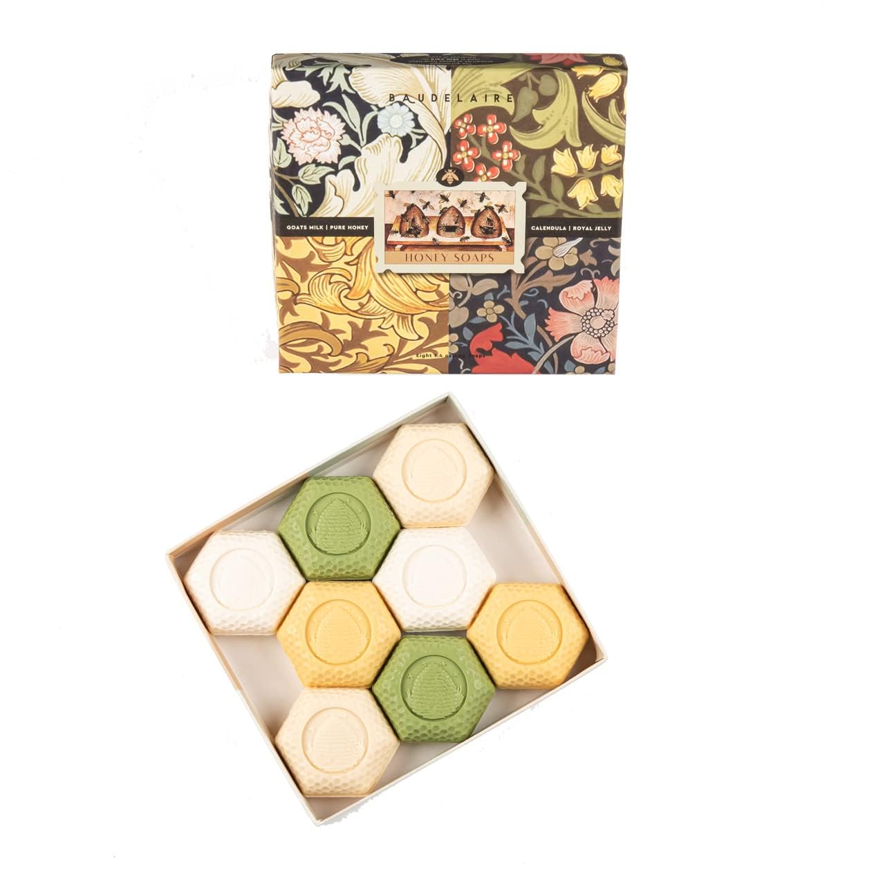 Baudelaire Honey Soaps Fragrances Royal-Jelly Calendula Goat's-Milk Pure-Honey (8 X 1.4oz) Gift-Box 8-Bar