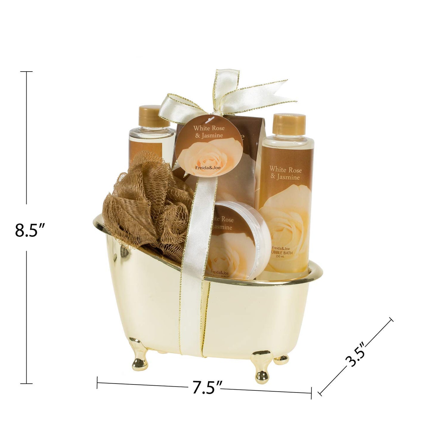 White Rose Jasmine Spa Set For Women in Elegant Gold Tub Includes Shower Gel, Bubble Bath, Body Lotion, Jasmine Bath Salt, Pouf, Award Winning Bath