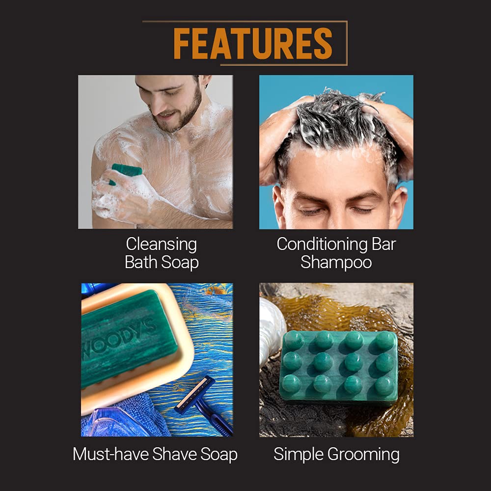 Woody's 3-in-1 Moisturizing Bar for Men, For Hair, Shave, and Body, All-Purpose Massage Bar Soap, Gentle Massage, Adds Moisture, for All Hair and Skin