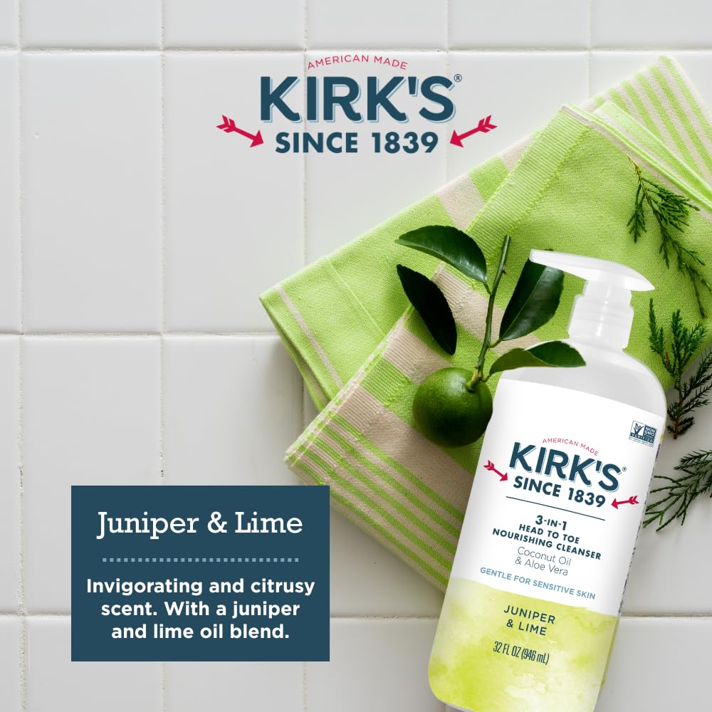 Kirk's 3-in-1 Head to Toe Nourishing Liquid Cleanser- for Men, Women & Children - Premium Coconut Oil & Aloe Vera- Non GMO & Vegan -Juniper & Lime