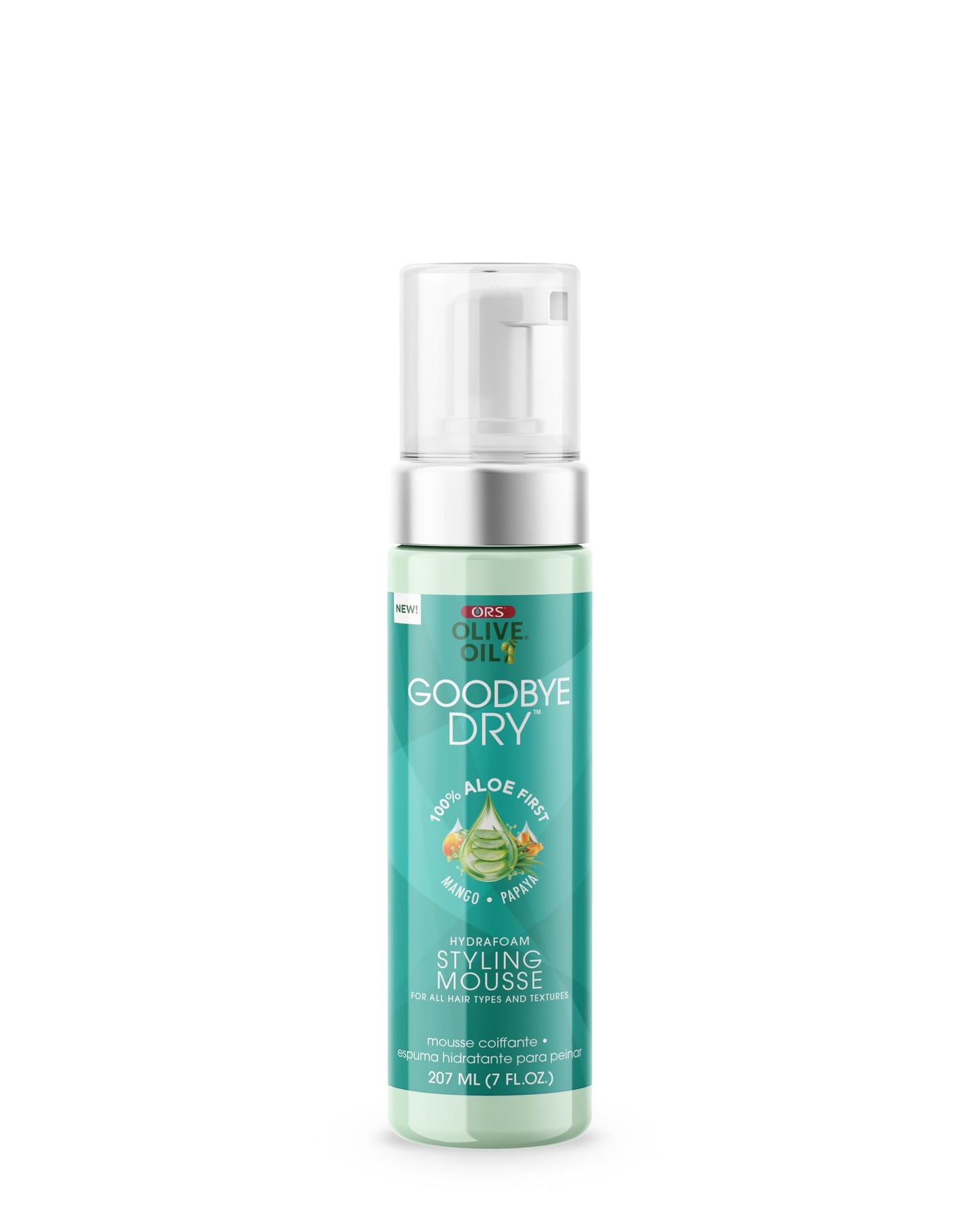 ORS Olive Oil Goodbye Dry Hydrafoam Styling Mousse with Aloe, Mango & Papaya, Hydration & Nourishing for all Hair Types and Textures 7 Ounces