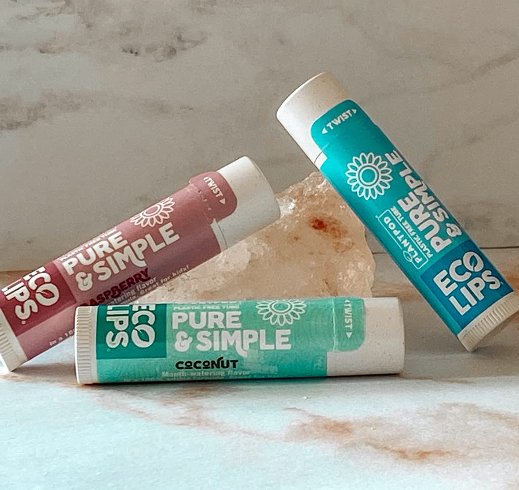 Eco Lips - Pure & Simple Raspberry, Coconut and Vanilla Organic Lip Balm 9-Pack (0.15 oz.) - 100% Natural. 100% Plastic-Free Plant Pod Packaging. Made